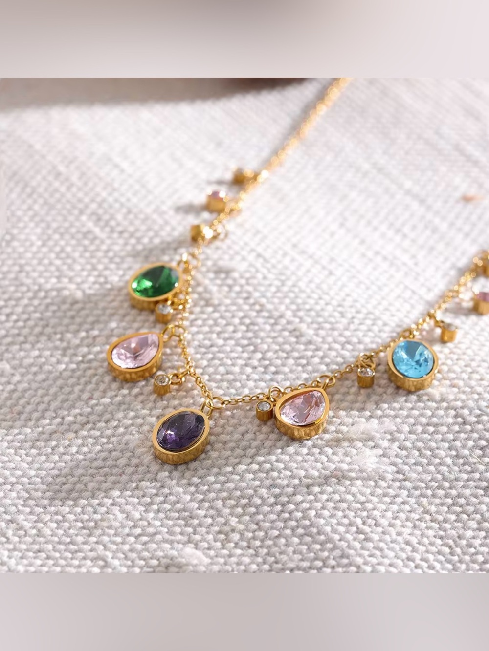 Rainbow Gemstone Charm Necklace – 18K Gold PVD Plated Stainless Steel - Picture 5 of 7
